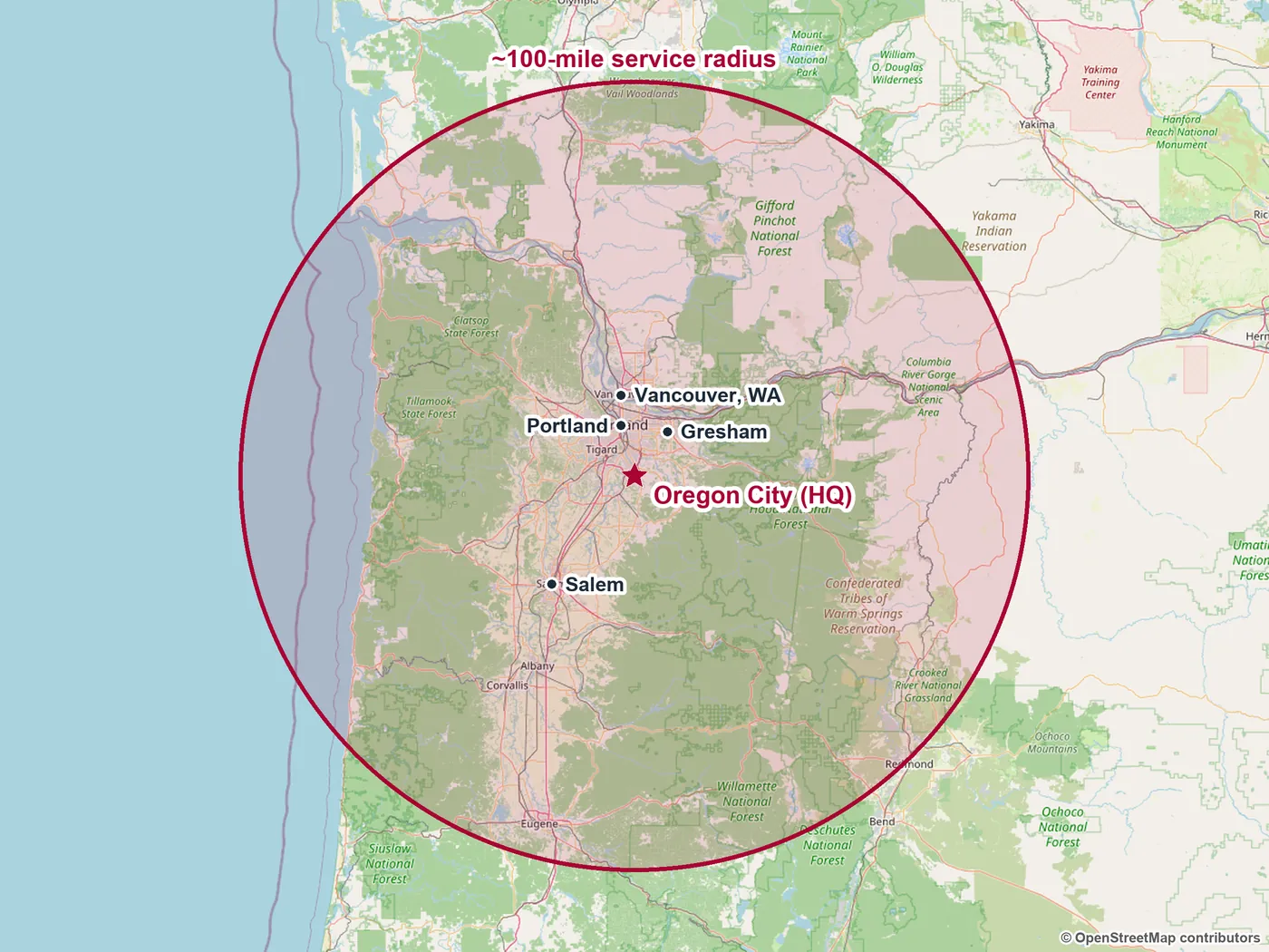 Map of the Verhaalen Painting service area: about 100 miles around Oregon City, covering Portland, Vancouver WA, Gresham and Salem